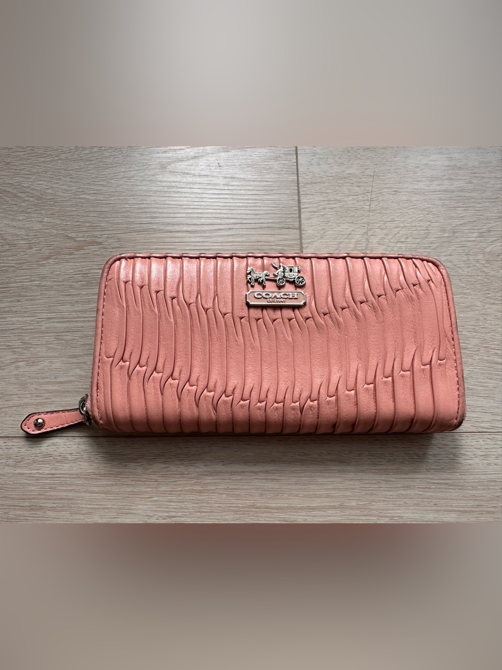 Coach Pink Ruched Leather Zippered Accordion Wallet